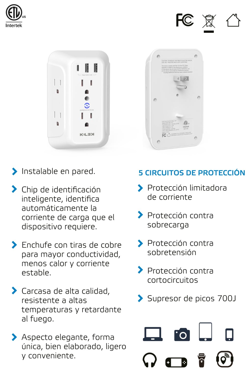 Multicontacto KELEK Blanco 6 Salidas con Puertos USB-A y USB-C y Supresor de Picos para Hogar, Oficina, Dormitorio