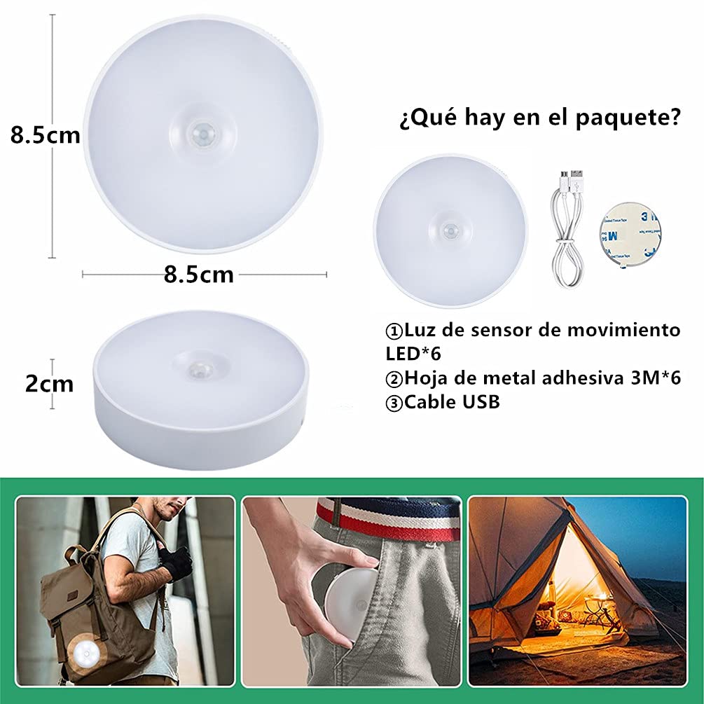 Luces de Noche LED Recargables Adhesivas Blanco Cálido con Sensor de Movimiento Paquete de 6