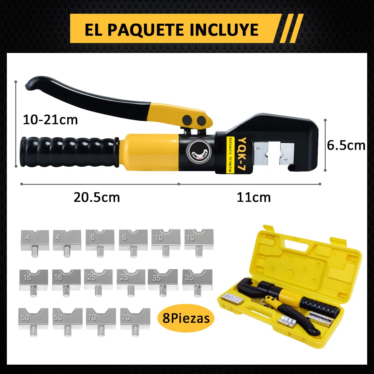 Bowoshen Pinza Crimpadora Hidráulica de 8 Toneladas, Herramienta de Ponchadora Hidráulico Y Cortador de Cable Con 8 Pares de Estuche (4, 6, 10, 16, 25, 35, 50 Y 70 mm)