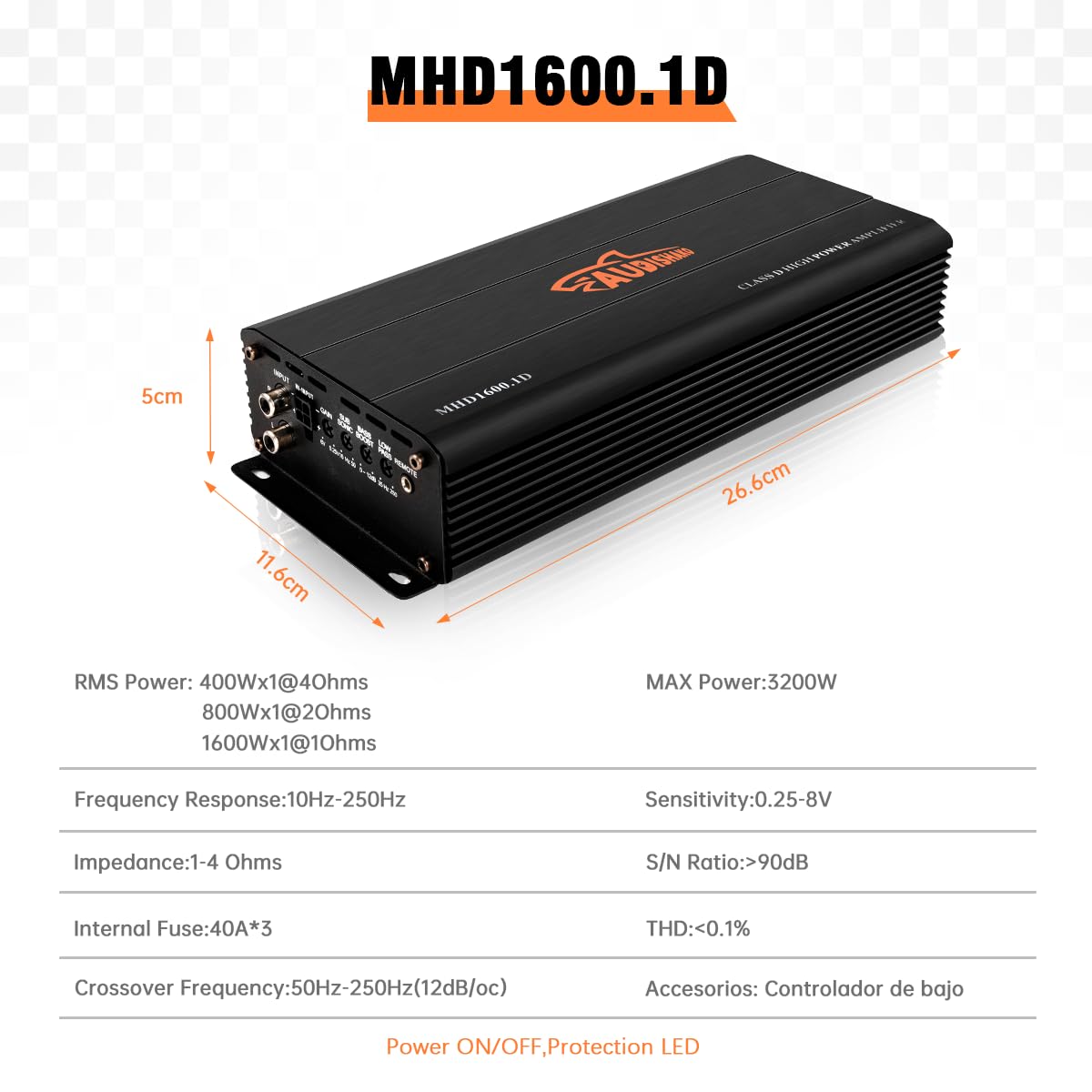 AUDISHAKO 3200W Amplificador de Audio para Coche de 1 Canal,Amplificador para Auto de Clase D, 2 Ohm 800W Subwoofer Amplificador para Motocicletas, Coches Deportivos y Otros Sistemas de Audio