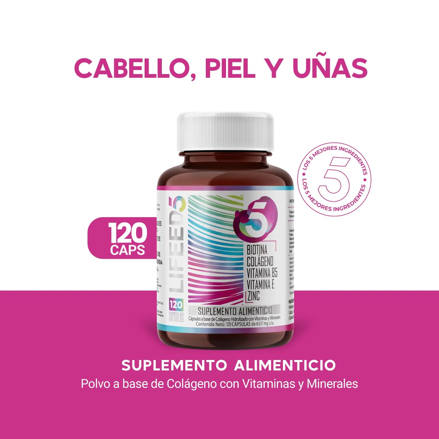 LIFEED Biotina, Colageno Hidrolizado Puro, Vitamina E, Vitamina B5 y Zinc | Suplemento Multivitaminico Mujer y Hombre | Cabello, Piel y Uñas | 120 Cápsulas | Vitaminas para el Cabello
