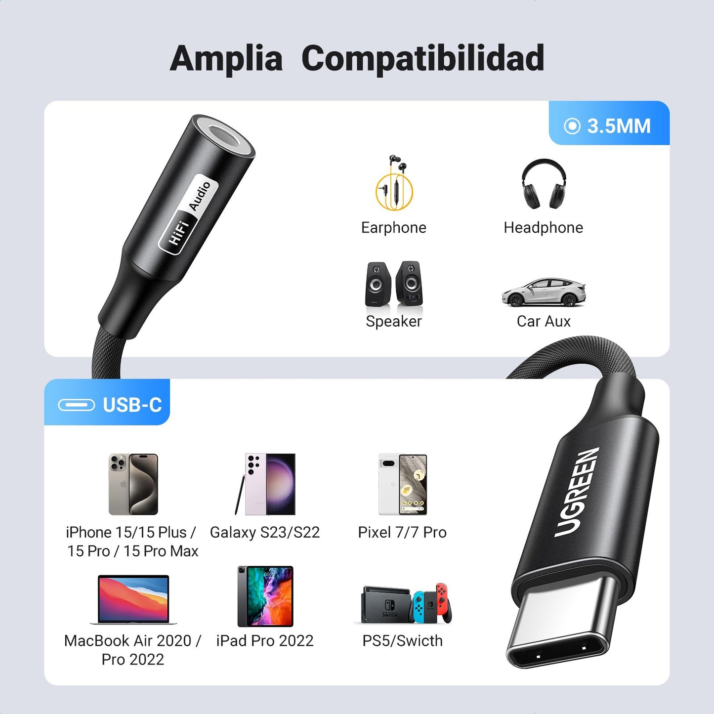 Adaptador USB C a Jack 3.5 mm UGREEN Hi-Res Compatible con iPhone y Galaxy