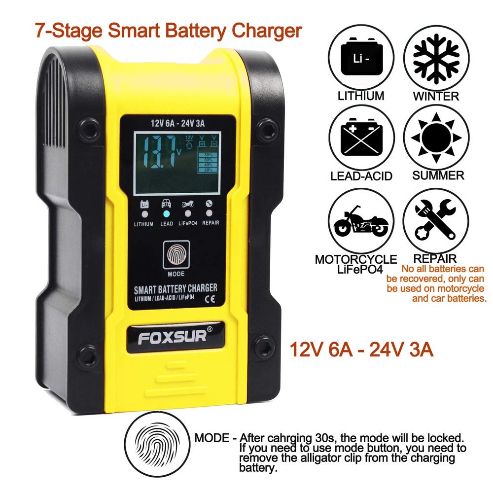 IEIK Cargador de batería de 12 V/6 A para coche, camión, motocicleta, cortacésped, barco, ATV, litio/LiFePO4/plomo/ácido/ciclo profundo