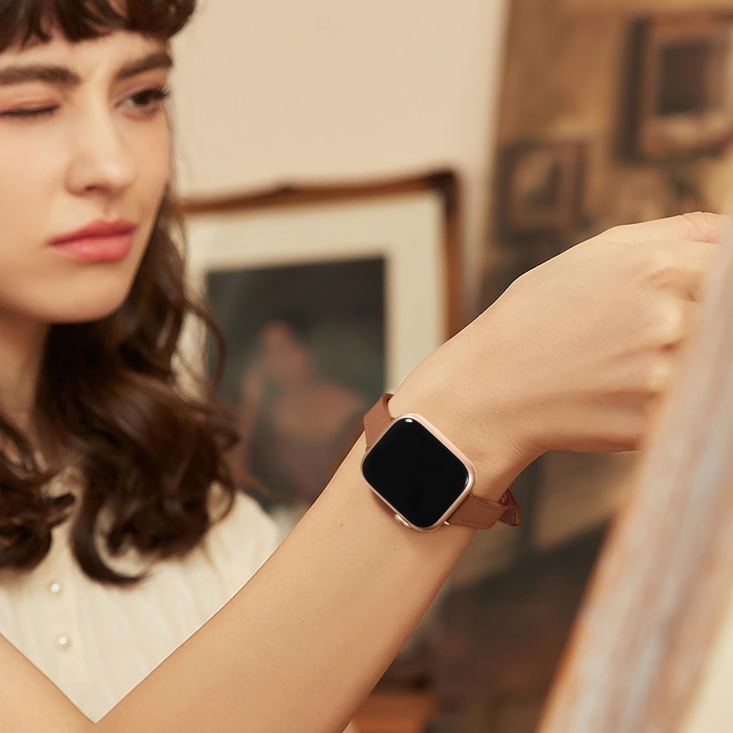 Correa delgada de cuero Vcegari marrón genuino compatible con Apple Watch Series 10-1 SE Ultra 2