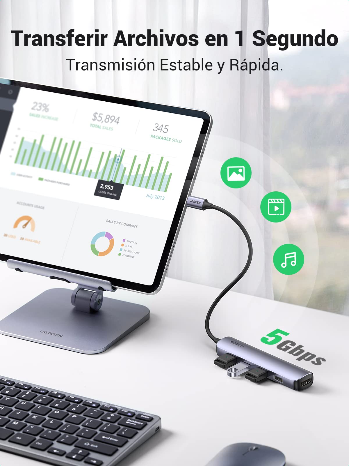 Adaptador USB C UGREEN Gris 5 en 1 con HDMI 4K y 4 Puertos USB 3.0 Compatible para MacBook Pro iPad y Galaxy Note