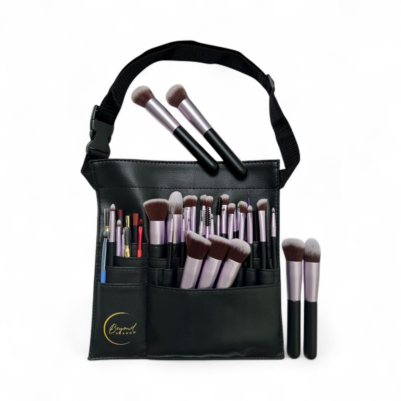 Beyond Shadow Brand - Bolsa para brochas de maquillaje de piel sintética negra | Capacidad para hasta 40 pinceles y lápices | Organizador profesional con correa ajustable para artistas de maquillaje