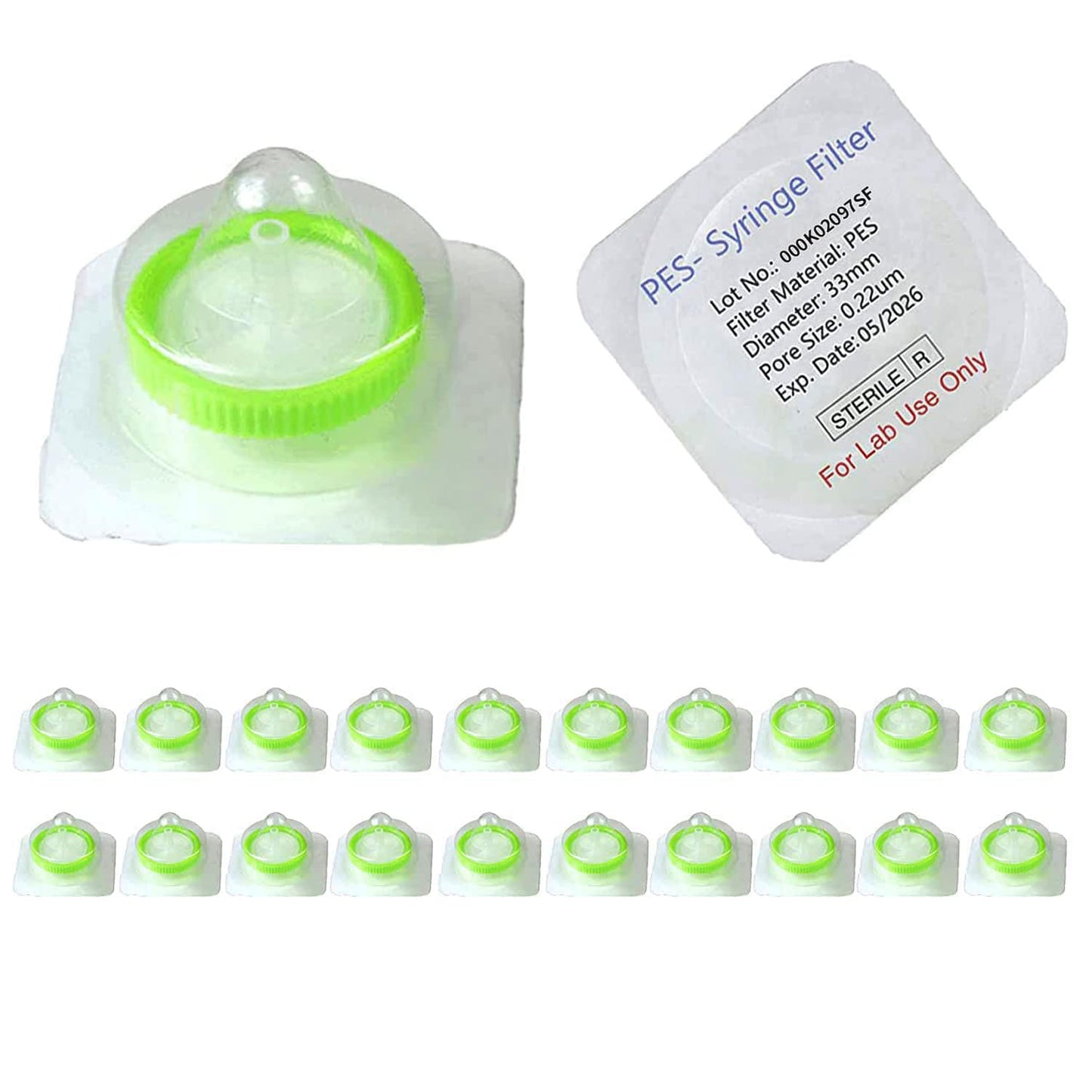 Filtro de jeringa, tamaño de poro de la membrana PES 0.22um, diámetro de la membrana 33mm, empaquetado individualmente, paquete de 20 por Labfil