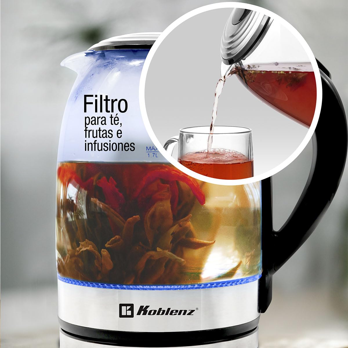 Koblenz Tetera Eléctrica, Hervidor de Agua Eléctrico de 1500 Watts y 1.7 Litros, Filtro Lavable, Base Giratoria de 360°, Luz LED y Apagado Automático, Hierve Agua, Infusiones, Té y Café (TEKM-1500 IN)