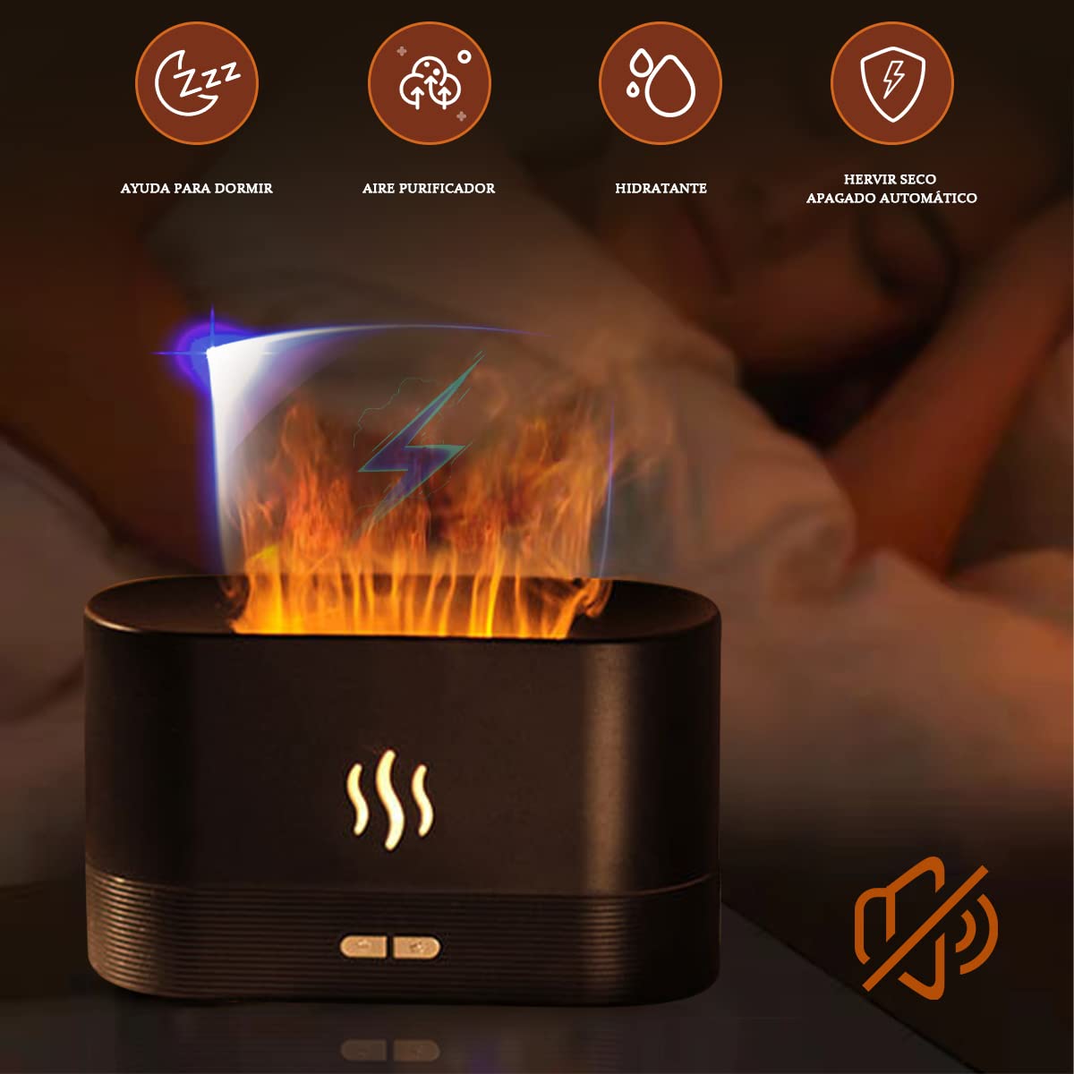 Humidificador VIDA4U En Forma de Llama con Difusor de Aceites y Luz Nocturna