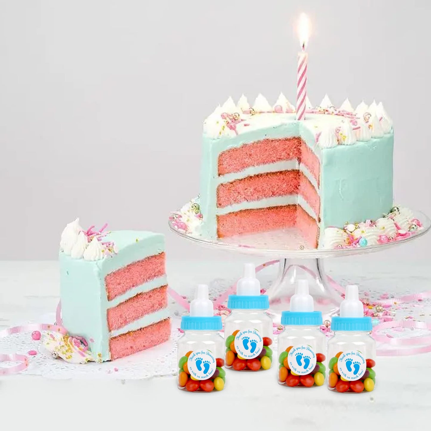 72 piezas de mini botellas de leche para baby shower, color blanco, mini biberones de plástico baratos para baby shower, recuerdos de fiesta, decoración de juegos de fiesta de baby boy shower (azul)