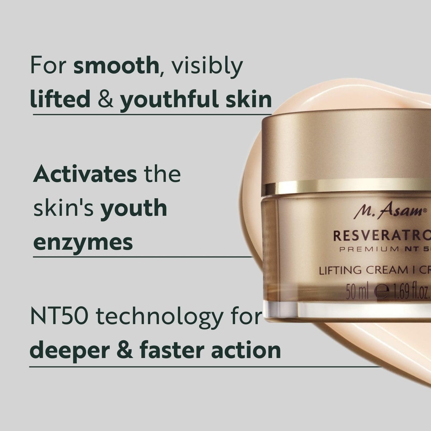 Camide M. Asam, Reservatrol Premium NT50 Lifting Face Cream, For Smooth, Visibly Lifted and Youthful Skin - 1.69 Ounce (50 ML)