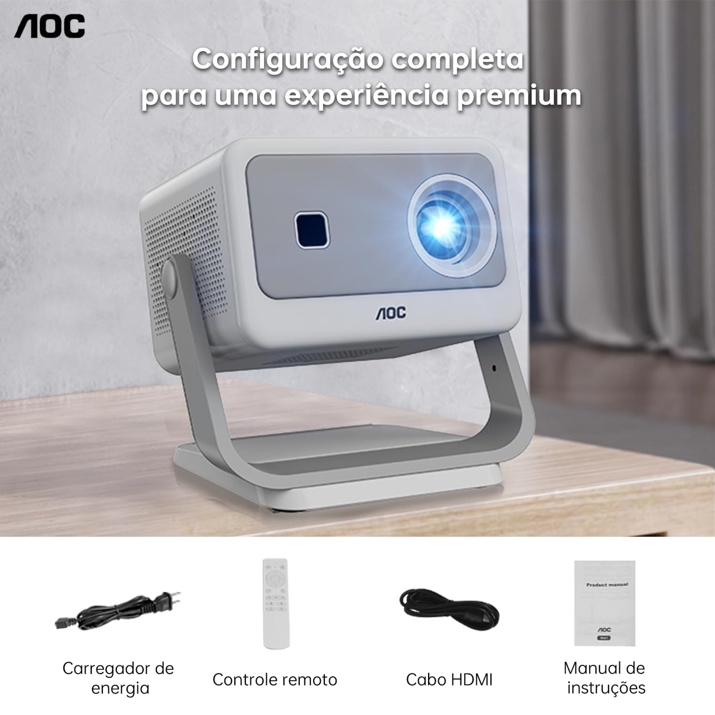 AOC Mini proyector, portátil Compatible con 4K,12000 lúmenes,Enfoque eléctrico, WiFi y Bluetooth,diseño con eliminación de Polvo y disipación de Calor, Compatible con Android e iOS para Cine en casa