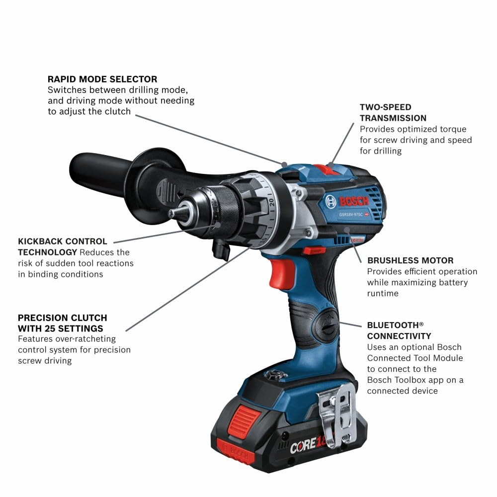 BOSCH GSR18V-975CB25 18V sin escobillas conectado, listo para 1/2 pulgadas. Kit de taladro/driver con (2) baterías de alimentación avanzadas CORE18V 4Ah