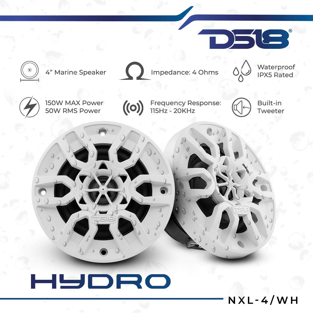 DS18 MP4/WH - Altavoz Marino Blanco - 4 Pulgadas, 2 vías, 150 W máximo, 100% Estable a los Rayos UV, IPX5 Marino, 4 ohmios - para Todos los Elementos, UTV, ATV y Jeep (2 Altavoces)