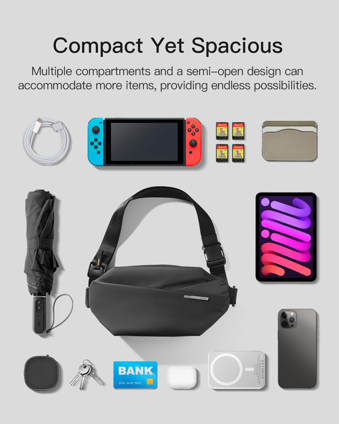 Inateck - Bolso bandolera elegante con correa ajustable para el hombro, resistentes a las salpicaduras para hombres y mujeres, riñonera multiusos para viajes, gimnasio, ciclismo, trabajo, deporte,