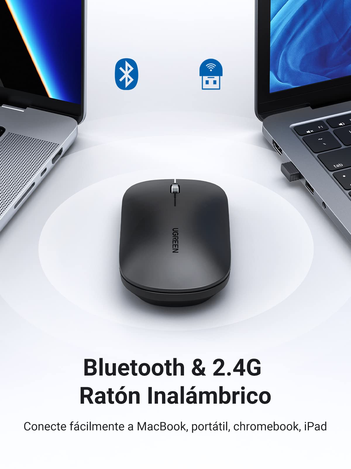 Ratón Inalámbrico UGREEN Negro con Bluetooth y USB 2.4G Silencioso 4000 dpi para MacBook iPad Windows Linux macOS