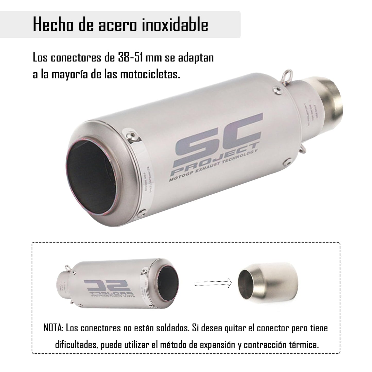 IOAGSVW Escape de Moto, Tubos de Escape Universal de 51mm, Tubo de Escape de Acero Inoxidable para Motos, Dirt Bikes, Street Bikes, Scooters, Atvs Y Más