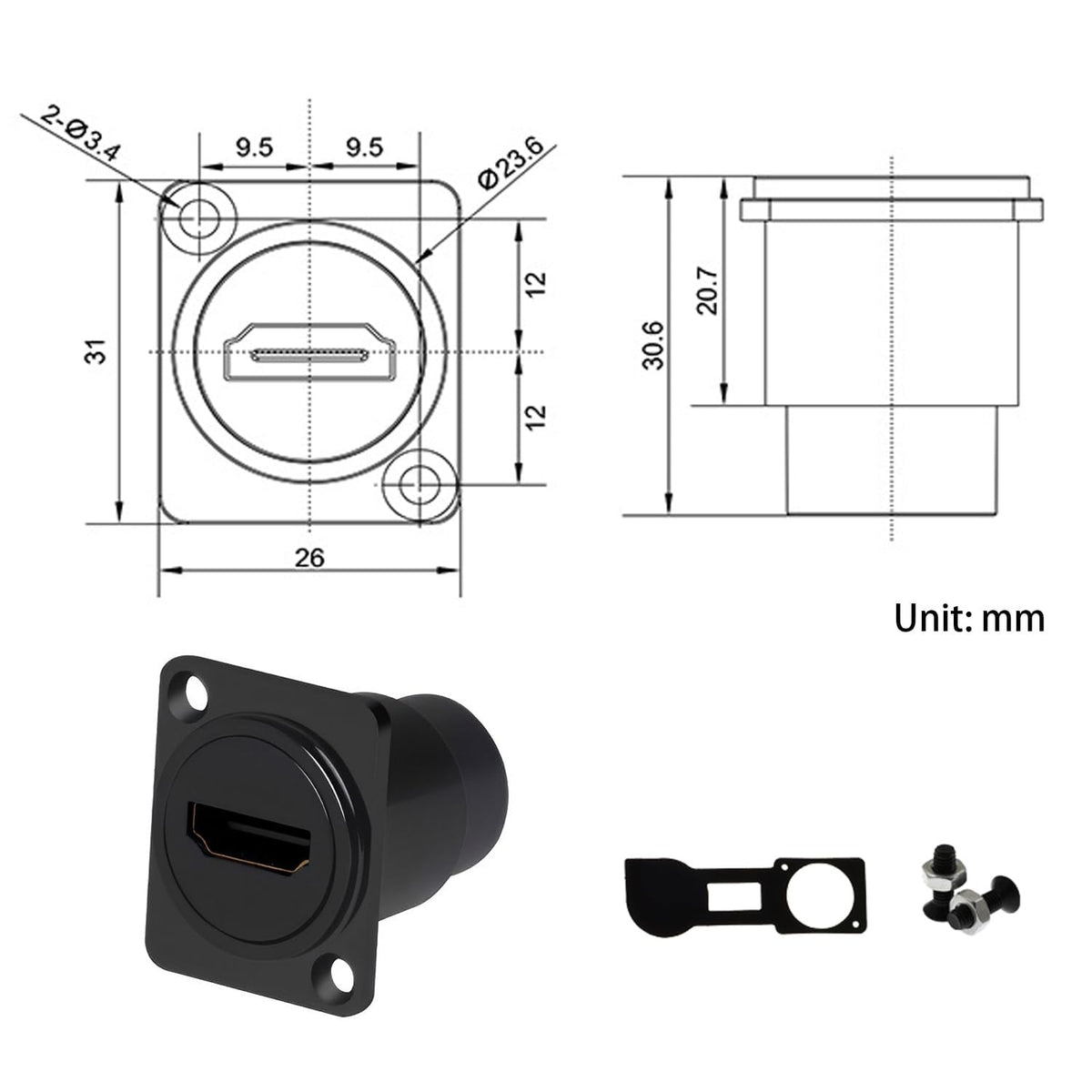 Conector HDMI YiKaiEn 4K 60Hz D Montaje en Panel Cubierta Impermeable