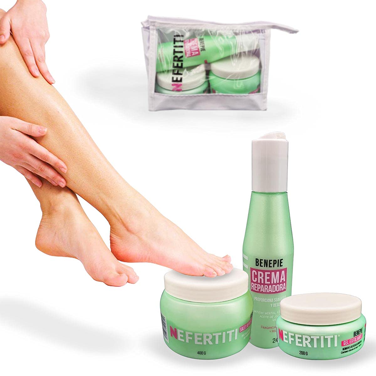 Kit spa profesional para pies - Benepie Nefertiti - Sales refrescantes efervescentes - Gel exfoliante para pies - Crema reparadora - kit con 3 pzas + cosmetiquera gratis