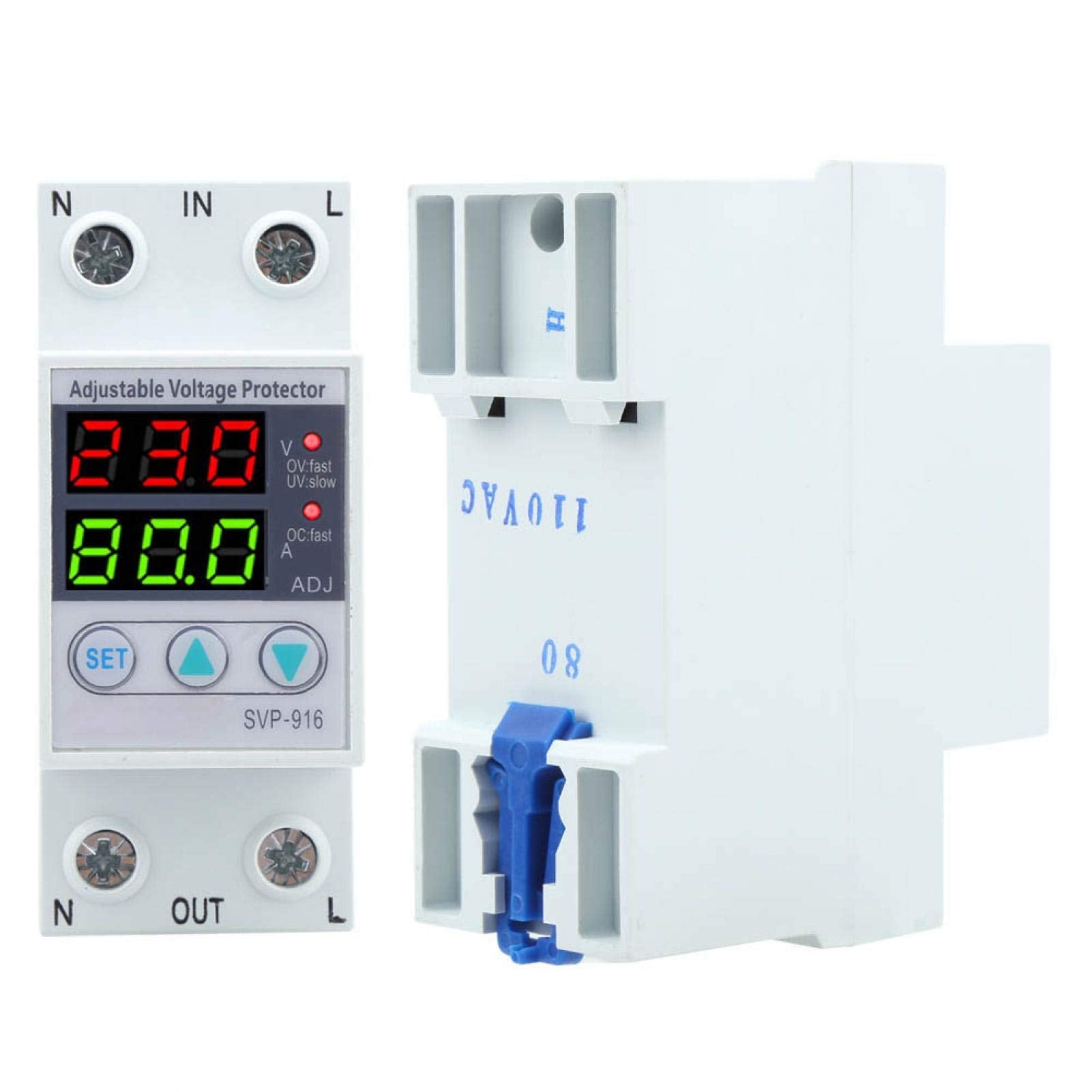 Protector Ajustable de Voltaje SVP 916 en Blanco con Reinicio de Retardo 100‑130 VCA