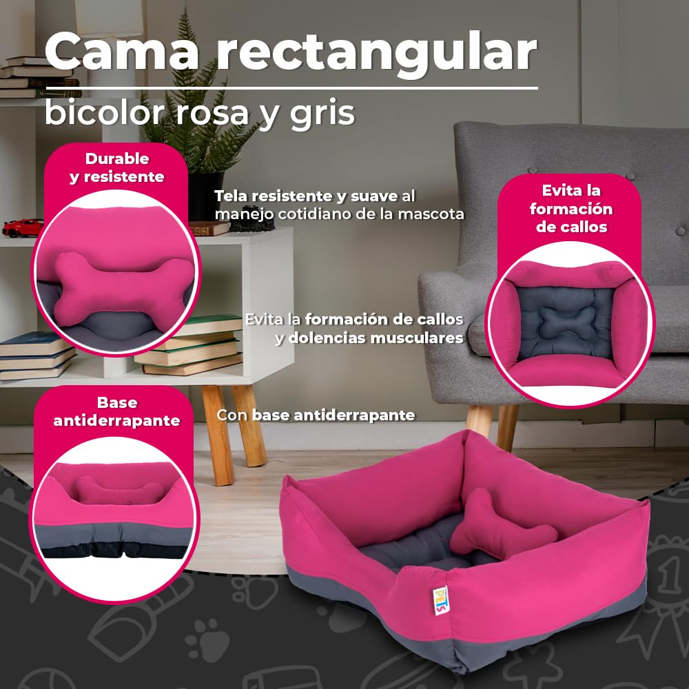 Fancy Pets Cama Rectangular para Perro Tamaño Chico Color Rosa con Gris