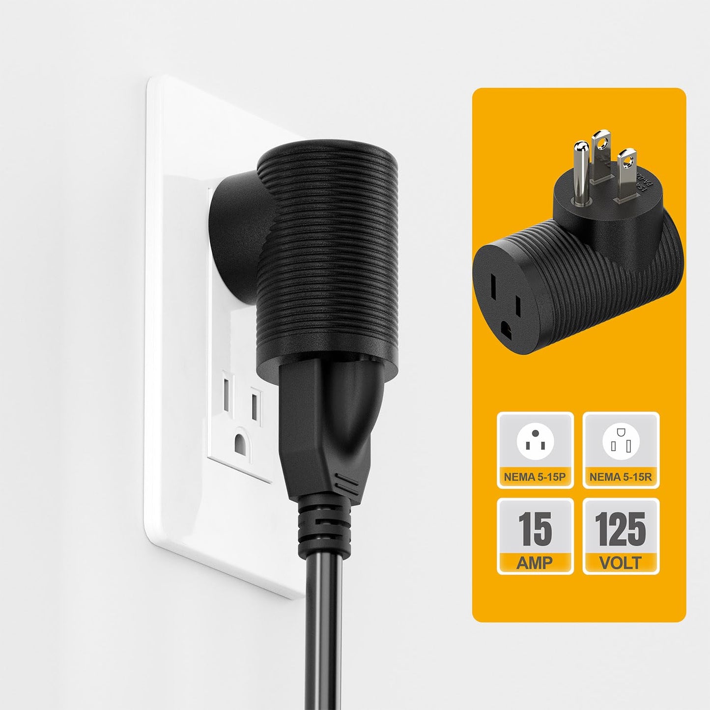 Adaptador de Corriente Plugrand Negro Ángulo Recto NEMA 5-15R a 5-15P 90 Grados