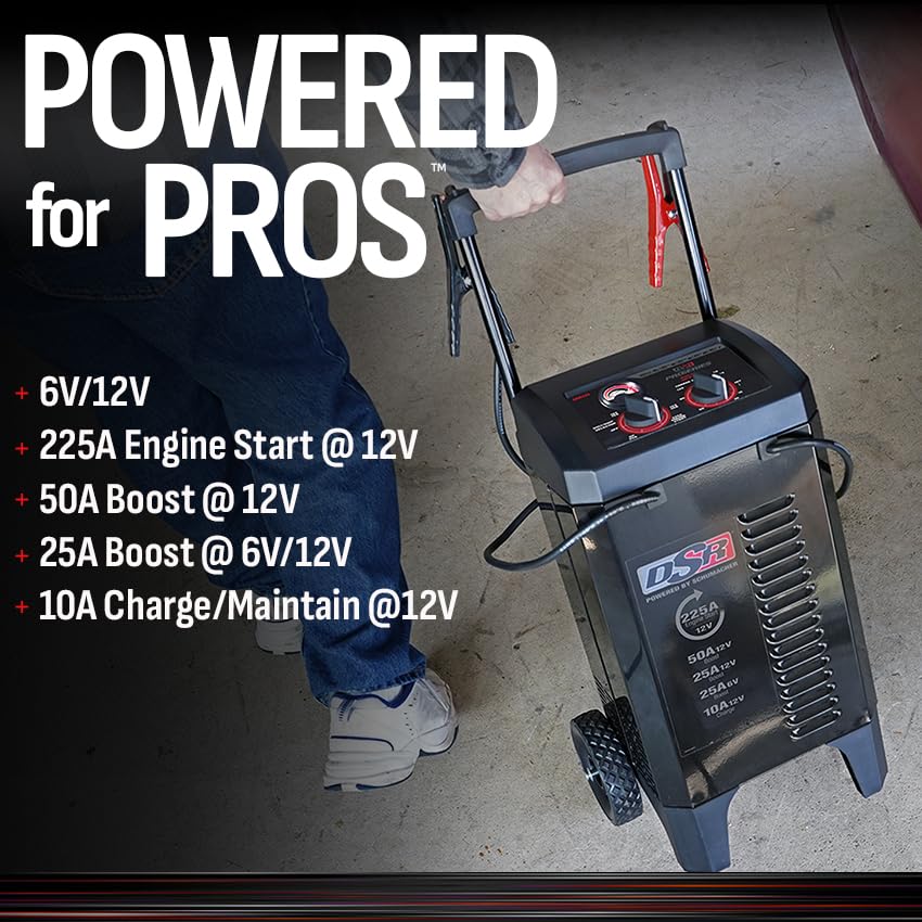 Schumacher Electric DSR ProSeries 6V/12V Cargador de batería manual y motor de arranque – Arrancador de motor resistente 225A – Compatible con camiones, SUV y baterías grandes, abrazaderas codificadas