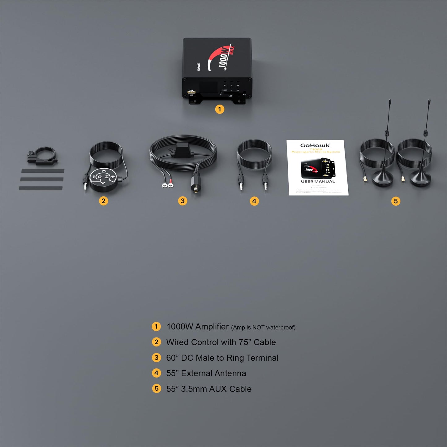 GoHawk Amplificador estéreo Bluetooth de 4 canales con radio AUX USB SD para TJ4-Q TN4-Q TS5-Q Harley Touring motocicleta ATV UTV RZR Polaris Can-Am Wildcat