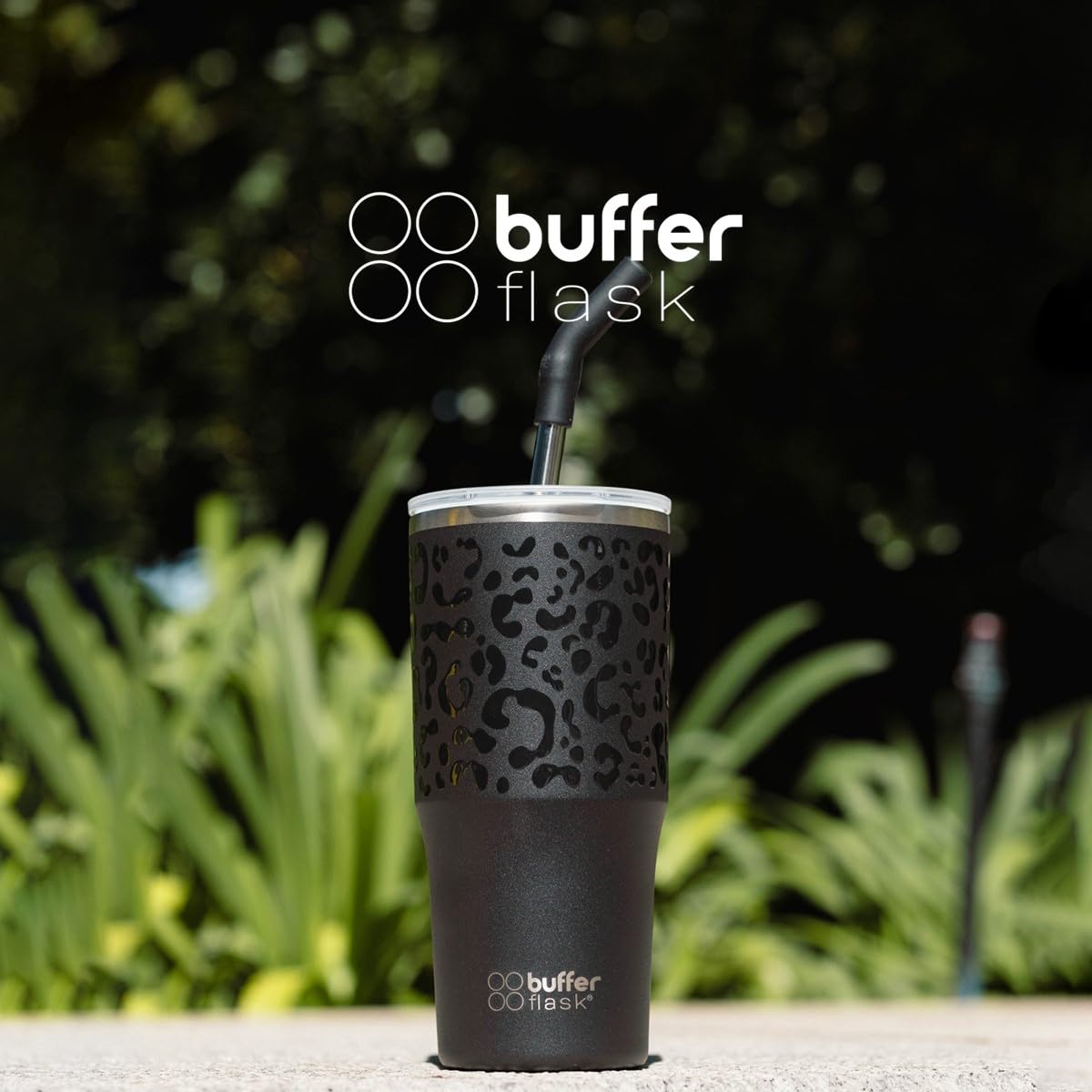 Buffer Flask - Vaso Térmico 700 ml - Termo para Café y Agua de Acero Inoxidable - Tapa Anti Derrame y Fugas - Taza Tumbler Mug para Bebidas Frías y Calientes - Incluye Popote - Color Leopardo Negro