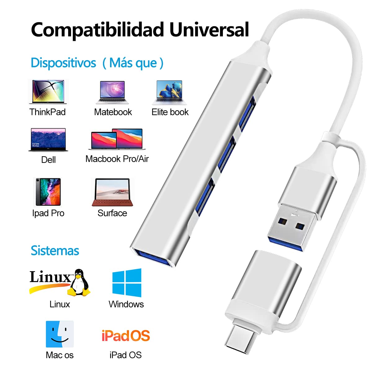 Adaptador USB C EMAGIE Plata 6 en 1 con 4 Puertos USB 3.0 para Windows y MacOS