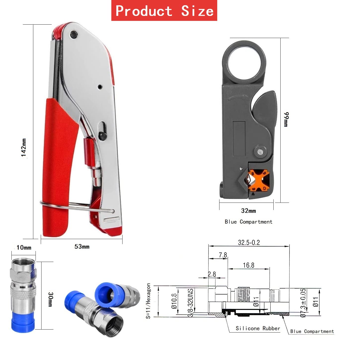 Crimpador de Cable Coaxial Voyzdx Azul con Conectores F para TV, Video y Audio