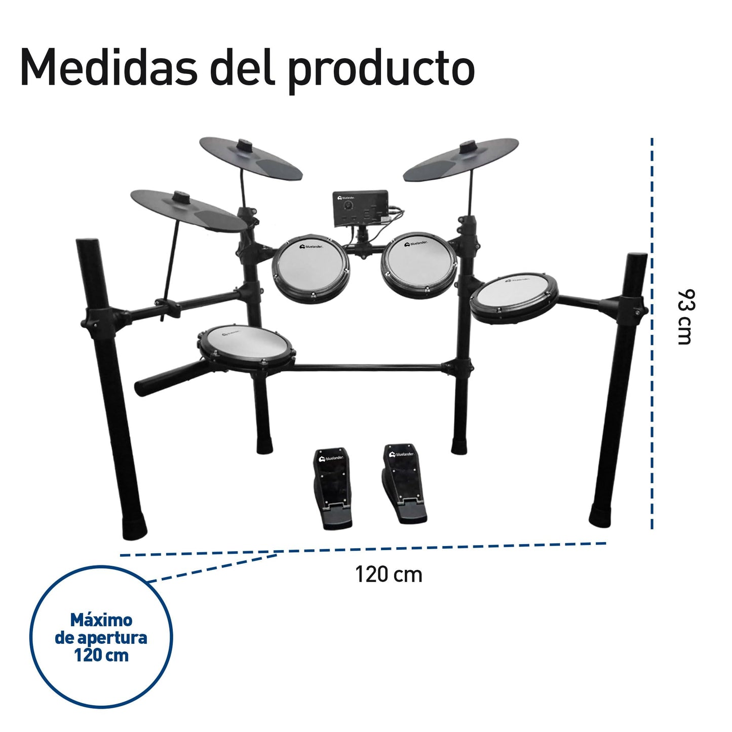 Bluelander Batería Musical 93*120 cm, Bateria Electrica 13 Pzas, 3 Platillos, 3 Tom, 2 Pedales, Tarola, Módulo de Sonido, Par de Baquetas y Banco, Batería Electrónica, Ideal para Niños y Principiantes
