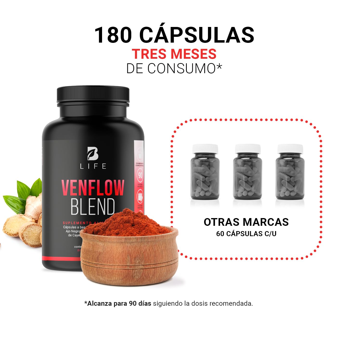 B Life Company Venflow Blend de 180 cápsulas. Ingredientes naturales: Jengibre, Ajo negro, Arginina, Resveratrol, Vitamina B3, Cebolla Morada y Pimienta de Cayena. Venflow Blend.