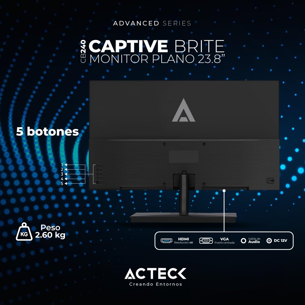 Acteck Monitor Plano 23.8" VA/Captive Brite CB240 / FHD / 75Hz / 5ms / 1xVGA / 1xHDMI / Vesa 100x100mm / Base Cuadrada Negro