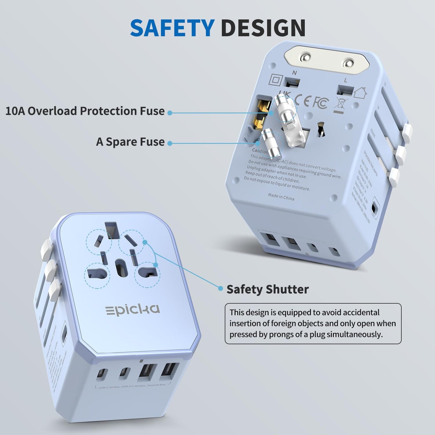 EPICKA - Adaptador Universal de Viaje, Adaptador de Enchufe Internacional con 3 Puertos USB-C y 2 Puertos USB-A, UE Reino Unido, AUS (TA-105C, Azul)