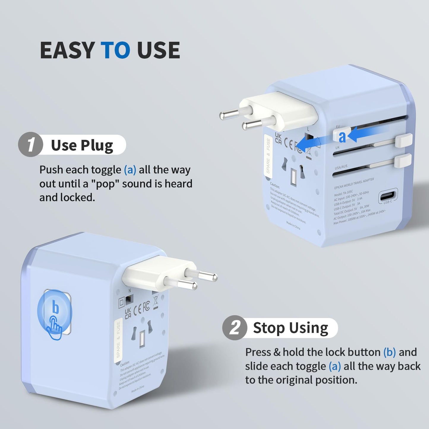 EPICKA - Adaptador Universal de Viaje, Adaptador de Enchufe Internacional con 3 Puertos USB-C y 2 Puertos USB-A, UE Reino Unido, AUS (TA-105C, Azul)