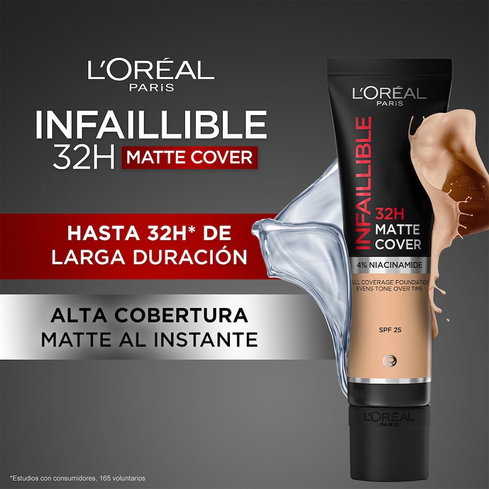 L'Oréal Paris, base de maquillaje de alta cobertura matte y larga duración, Infallible 32h Matte Cover, Tono 25