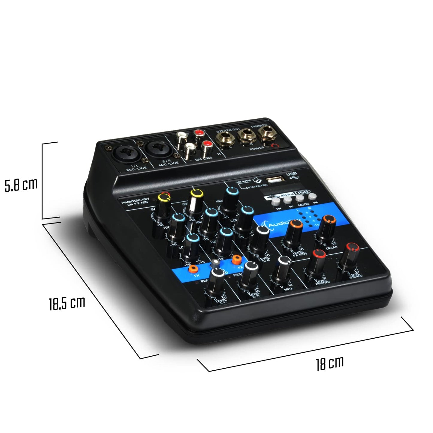AUDIOTEK Mezcladora de Sonido 4 Canales Control de Efectos Mixer USB Interfaz Bluetooth DJ Potencia de 10 W Conexion Audifonos Phantom Power Consola de Audio Mezcladoras Reproductor y Grabador MP3