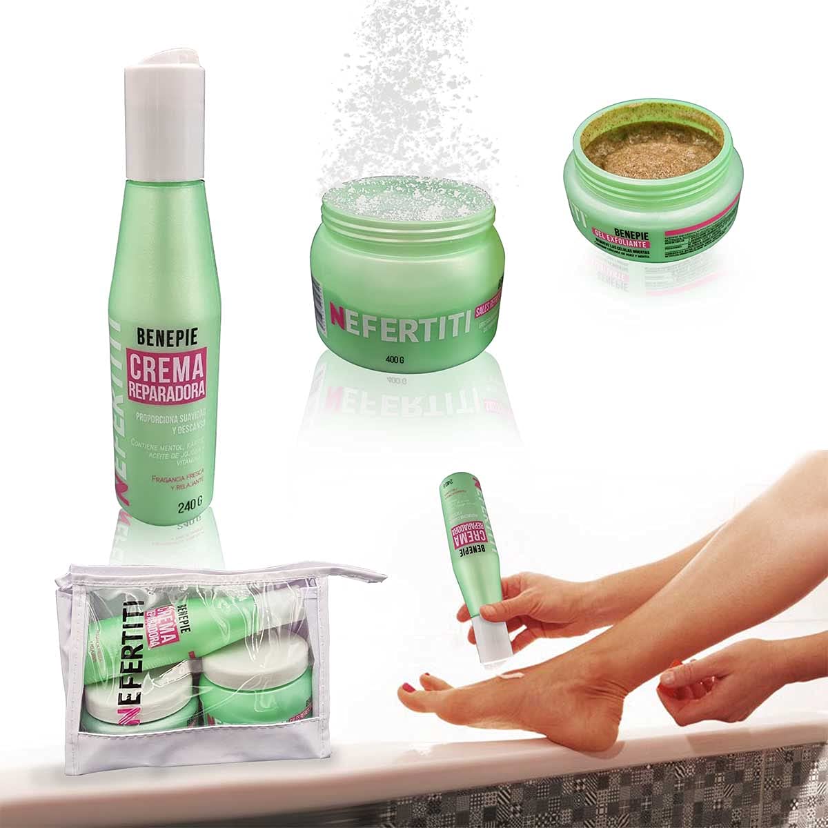 Kit spa profesional para pies - Benepie Nefertiti - Sales refrescantes efervescentes - Gel exfoliante para pies - Crema reparadora - kit con 3 pzas + cosmetiquera gratis
