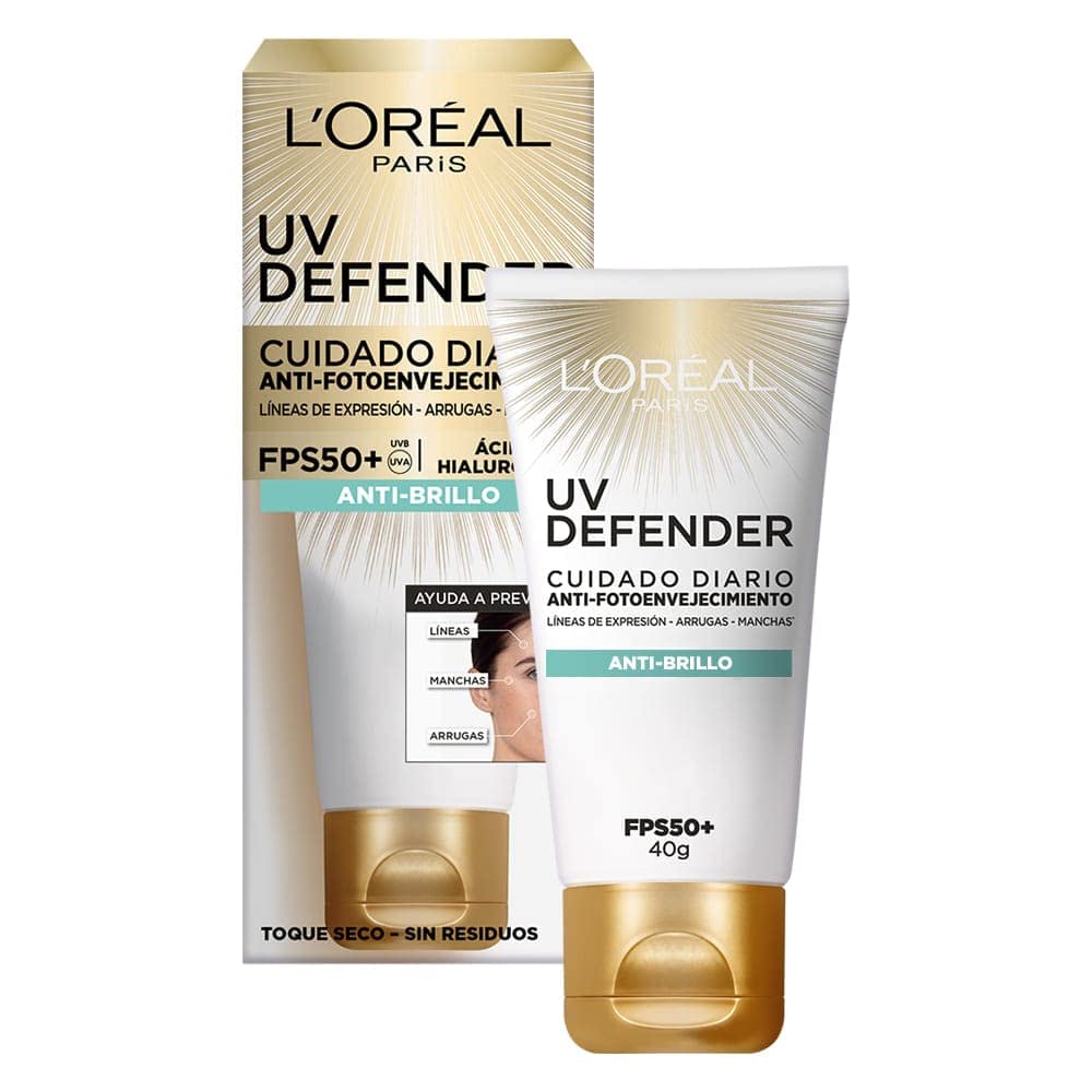 Protector Solar Diario L'Oréal Paris Anti-Brillo FPS50+ UV Defender 40ml + Serum Facial Anti Arrugas Revitalift Acido Hialuronico