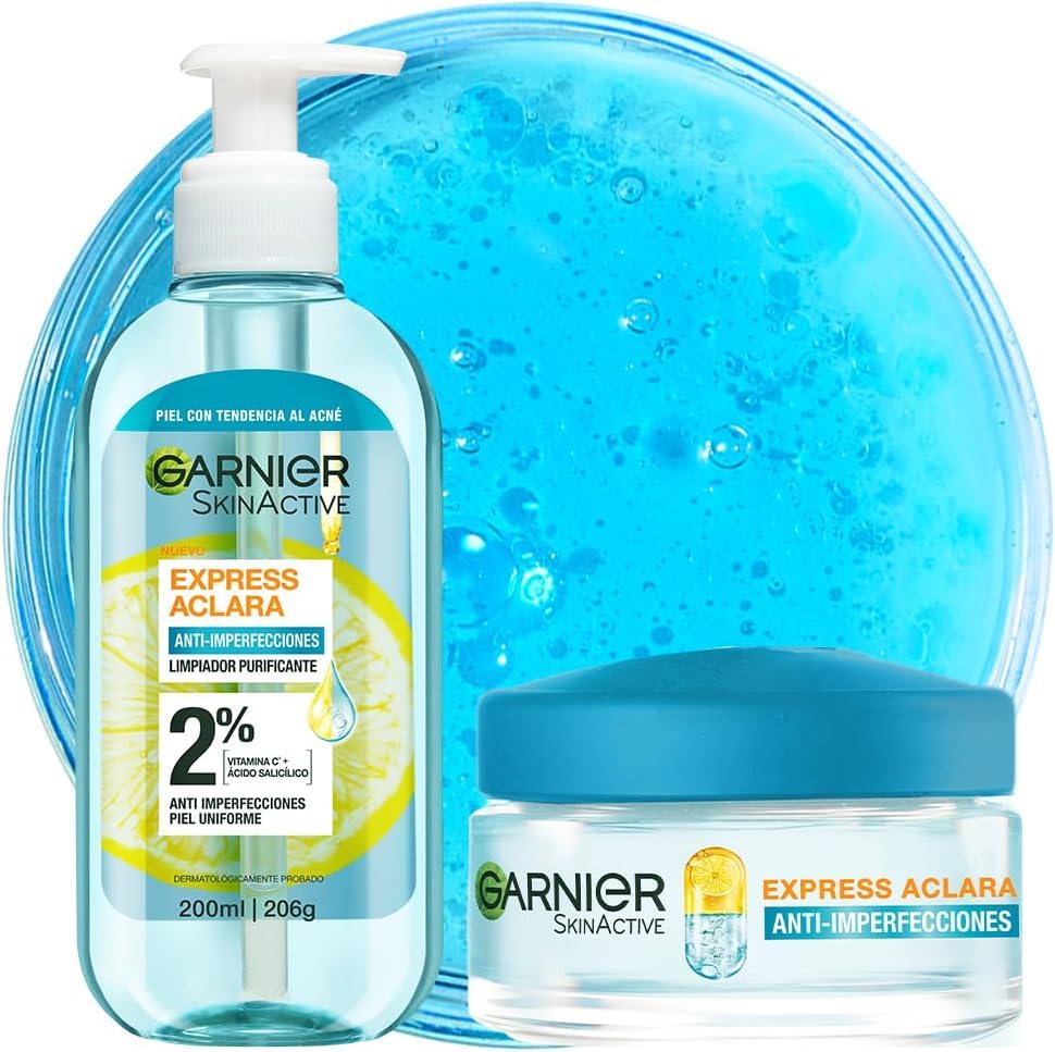 Kit Garnier Las Favoritos del Mariana - Express Anti Imperfecciones Gel Limpiador con Ácido Salicílico + Crema Facial Hidratante Matificante en Gel