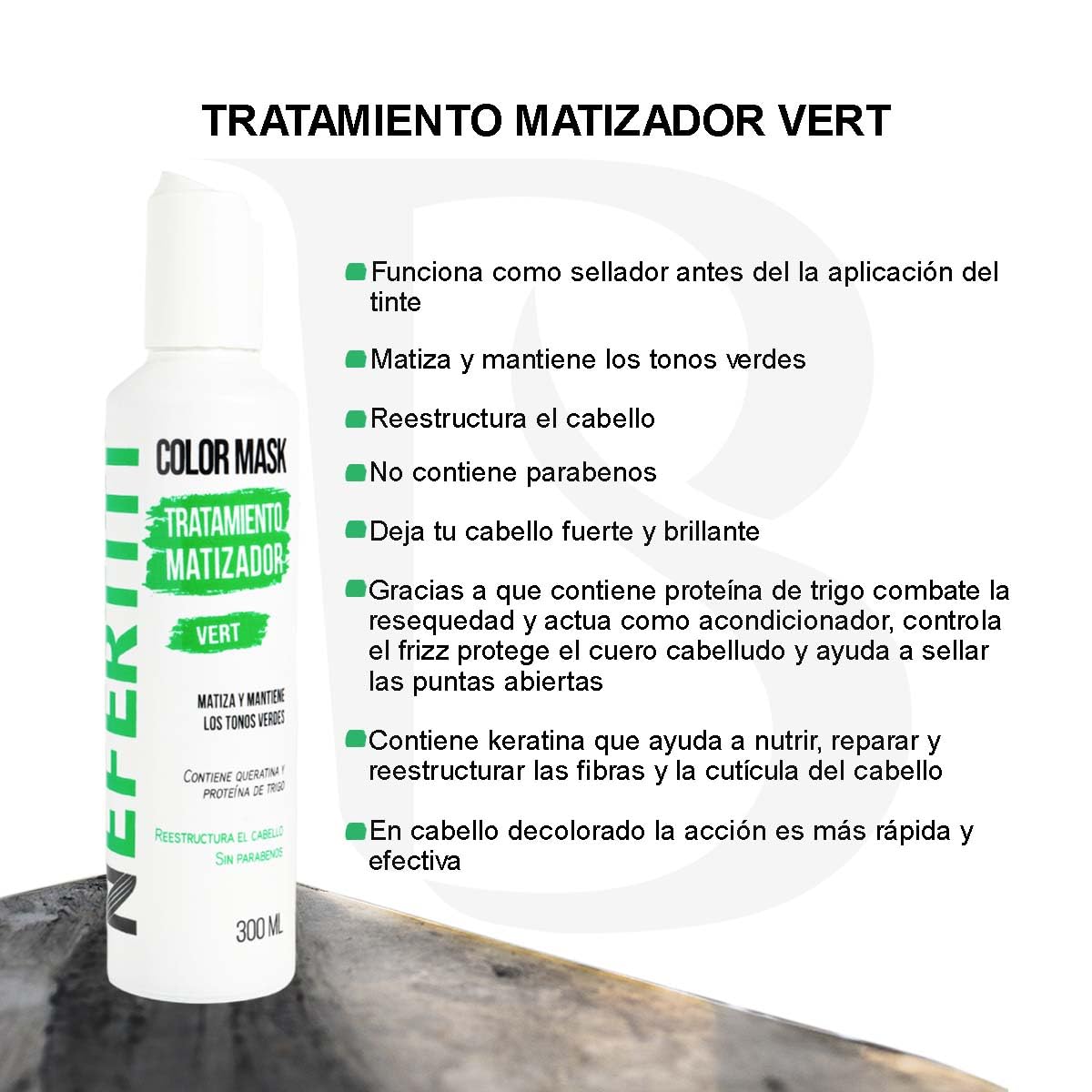 Tratamiento para el Cabello Nefertiti Vert Verde con Keratina y Proteína de Trigo Sin Parabenos