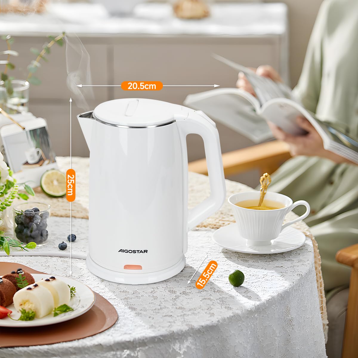 Aigostar Hervidor, Tetera Eléctrica de 1.7 Litros, Doble Pared de Acero Inoxidable, Apagado Automático, 1200w, Base Removible, Blanco (blanco)