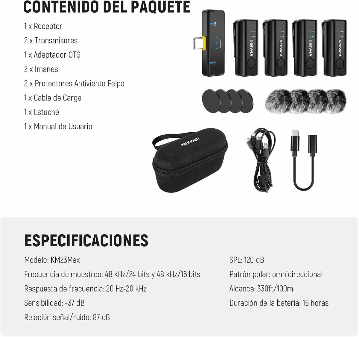 Micrófono Solapa Inalámbrico NEEWER KM23C Negro AI Cancelación de Ruido 70m Alcance