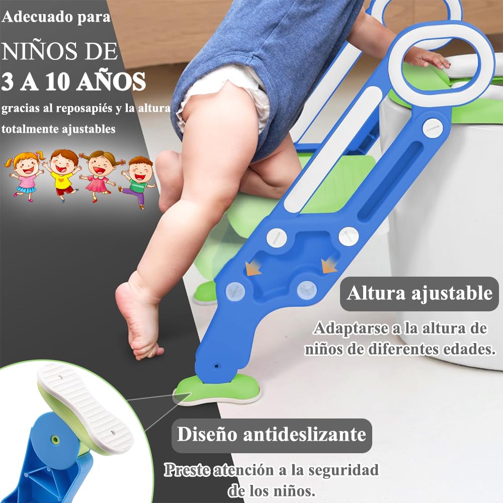 Baño Entrenador Niño, Asiento Entrenador para Baño con Tapizado y Escalera Antideslizante, Plegable Escalera para Baño Niños, Fácil de Guardar, Asiento Ergonómico, Edad de 3 a 10 Años, Verde Azulado