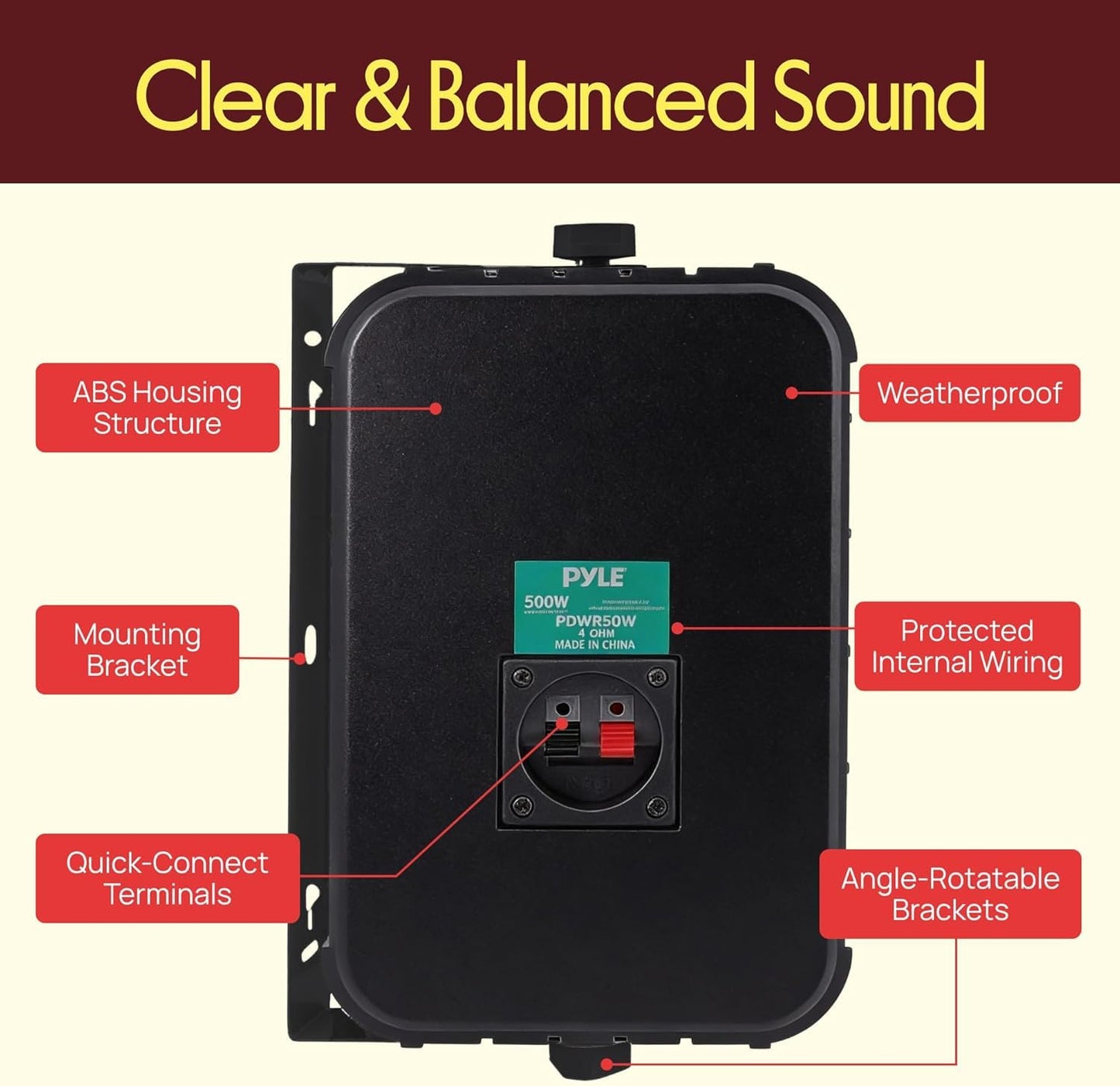 Pyle Bocinas de 6.5 Pulgadas para Interiores y Exteriores, Sistema de Sonido de Pared Resistente al Agua, 500 Watts, 1 Par, Negro