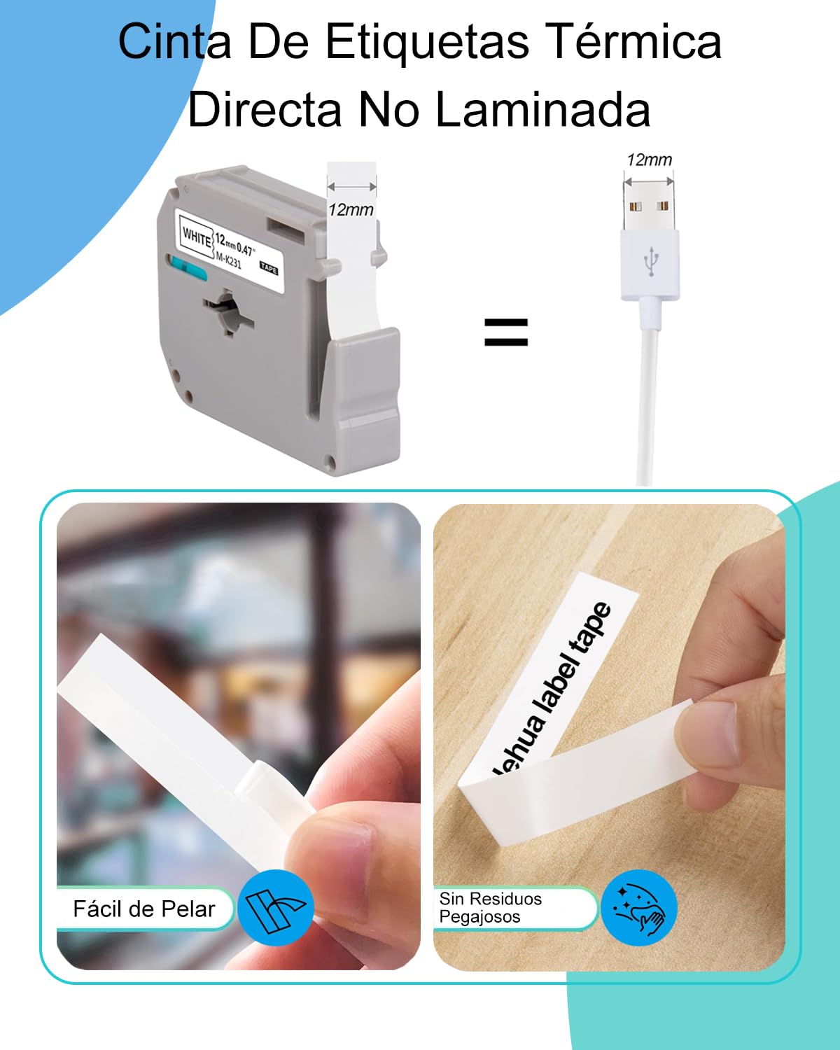 Cintas de Etiquetas Brother Negro Blanco Compatibles 12mm x 8m Paquete de 6
