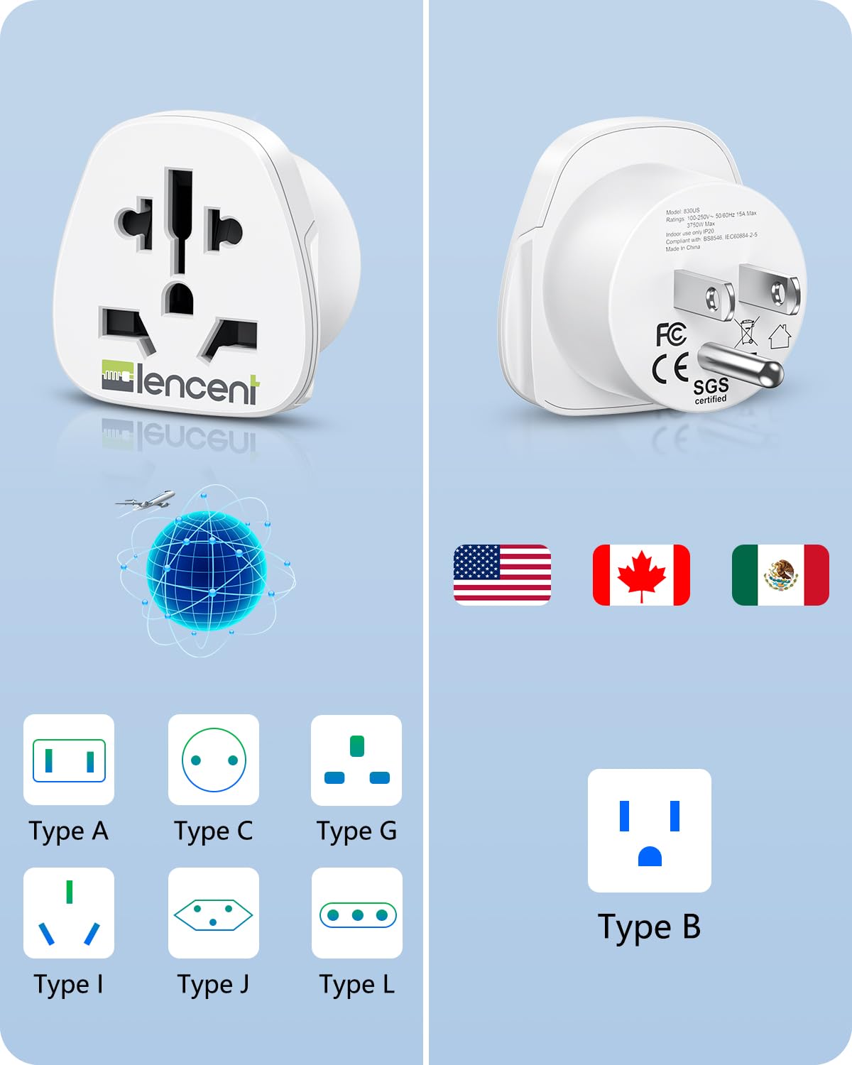 LENCENT 2X Adaptador de Enchufe del Mundo a los EE. UU., Convierte Enchufe de Europa/Reino Unido/Australia/China en Enchufe Americano
