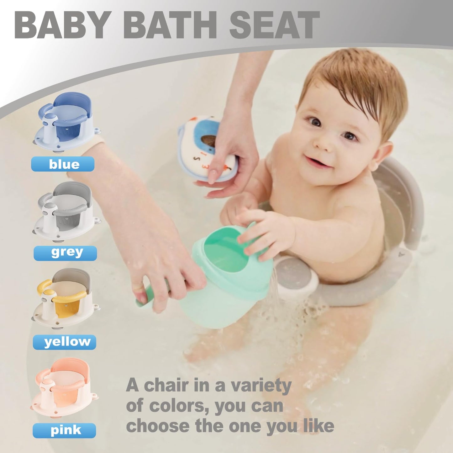 Asiento de baño de bebé, imprescindible para 6 meses en adelante, asiento de tina de bebé con ventosas, antideslizante, extraíble, antideslizante, gris