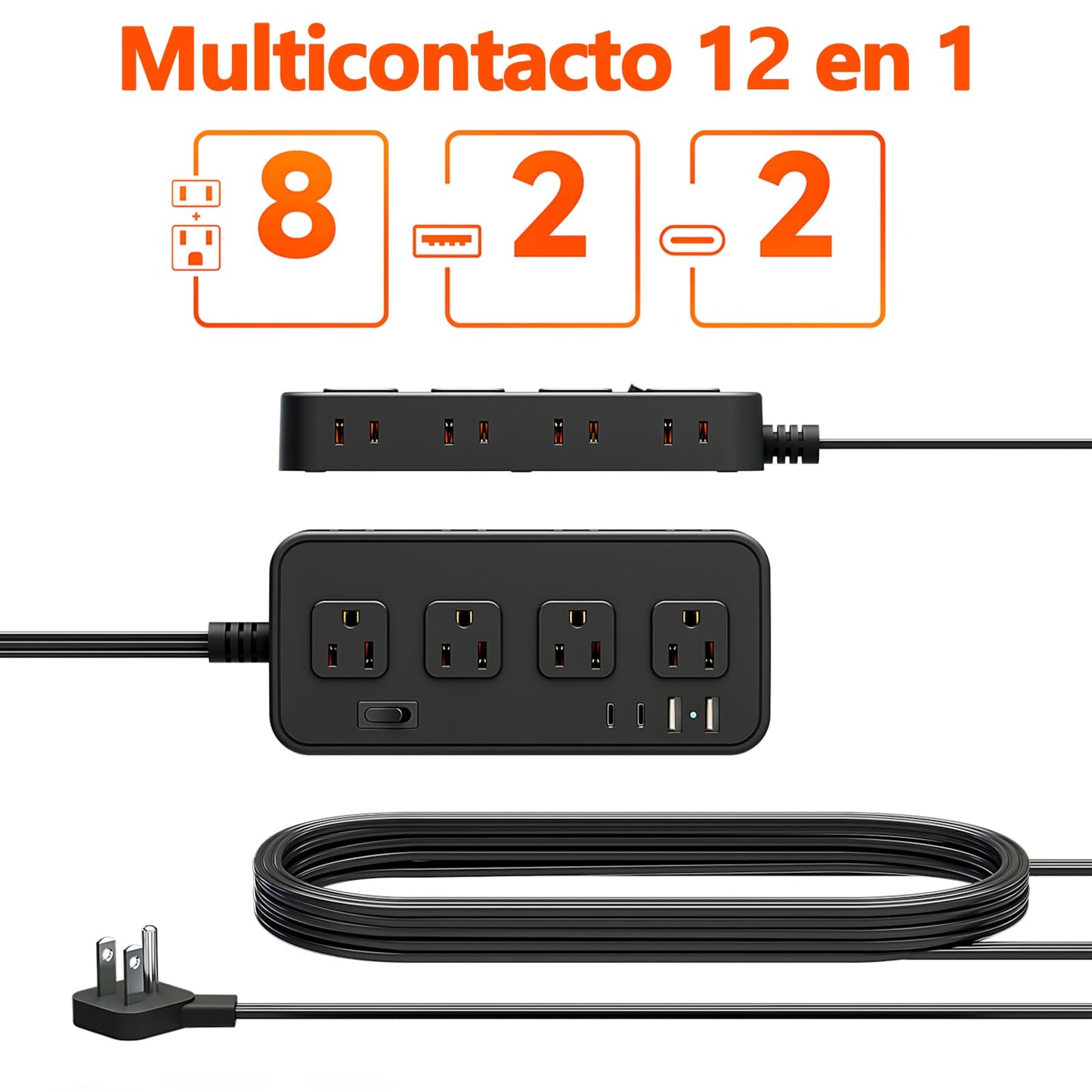 Multicontacto SSOUILI Blanco 12 en 1 con Protector de Sobretensión y Extensión Plana de 1.5M para Oficina en Casa